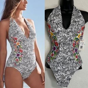 NWT Johnny Was Spring Halter Embroidered One Piece Swim Suit Size M